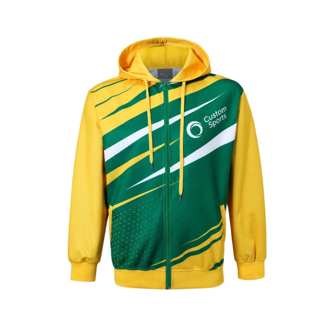 A men's polyester track jacket in yellow and green, featuring a hood and a logo.