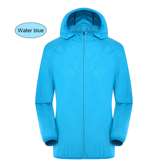 A water blue unisex adult jacket made of 100% polyester, featuring a hood and sun protection. It has a logo.