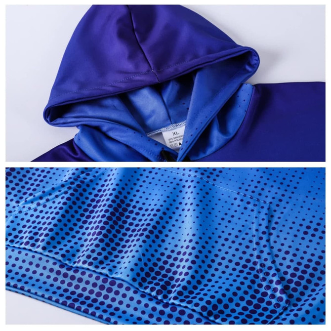 A unisex adult polyester spandex hoodie in shades of blue with a pocket and a logo. Features a stylish, patterned design.