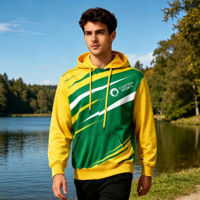 A vibrant unisex hoodie in yellow and green with a pocket, featuring a logo and dynamic pattern, set by a lakeside.