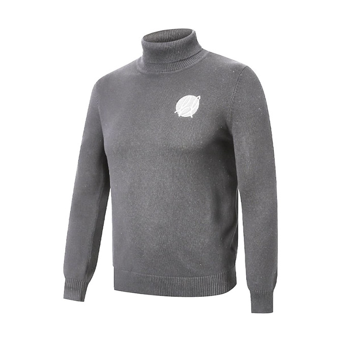 A grey unisex 100% cotton turtleneck sweater featuring a logo on the chest.