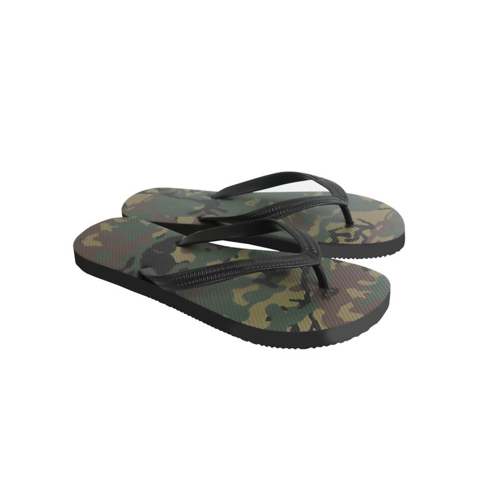 A pair of camouflage-patterned rubber thongs with black straps and soles.
