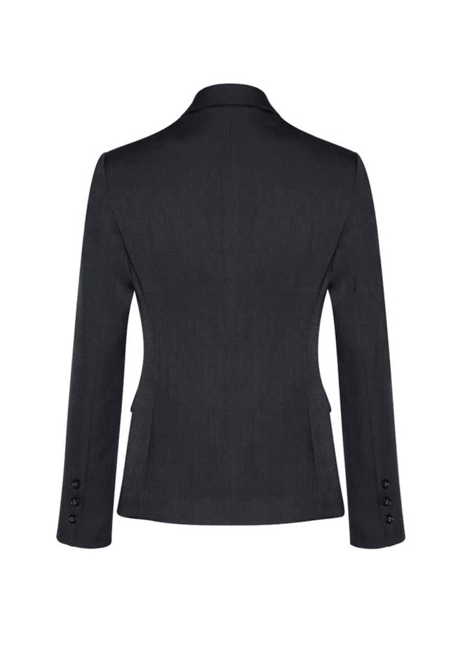 A black mid-length women's blazer featuring a two-button front and button detailing on the sleeves.