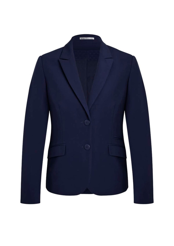 A navy mid-length women's jacket with a notched lapel and two-button closure, featuring two side pockets and a branding logo.