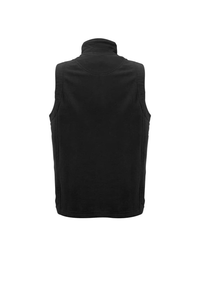 A black micro fleece vest with a high collar and no sleeves, featuring a logo.