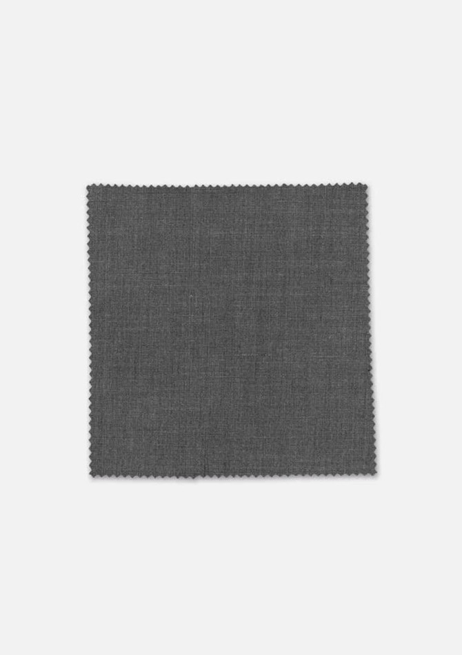 A textured grey fabric swatch for men's suiting, featuring a fine weave and a slightly stretchable quality.