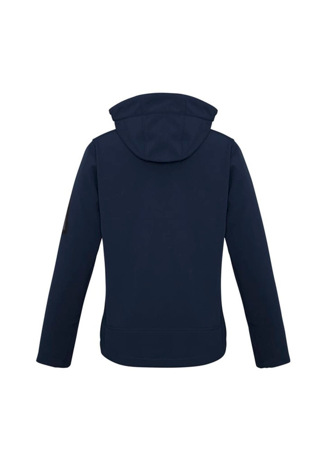 A navy blue women's soft shell jacket featuring a hood and a logo on the sleeve.