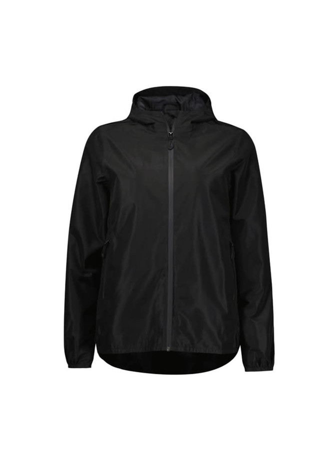 A black women's rain jacket featuring a hood, front zip, and side pockets. It has a minimalist design with a logo.
