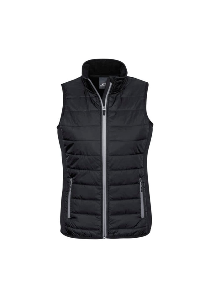 A black women's vest with a zip front, featuring horizontal padding and two side pockets. It has a logo on the chest.