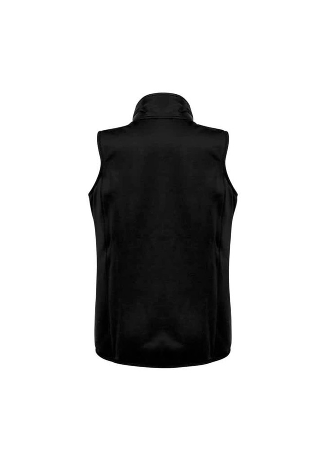 A black women's stealth vest with a high collar and a fitted design, featuring a logo on the back.