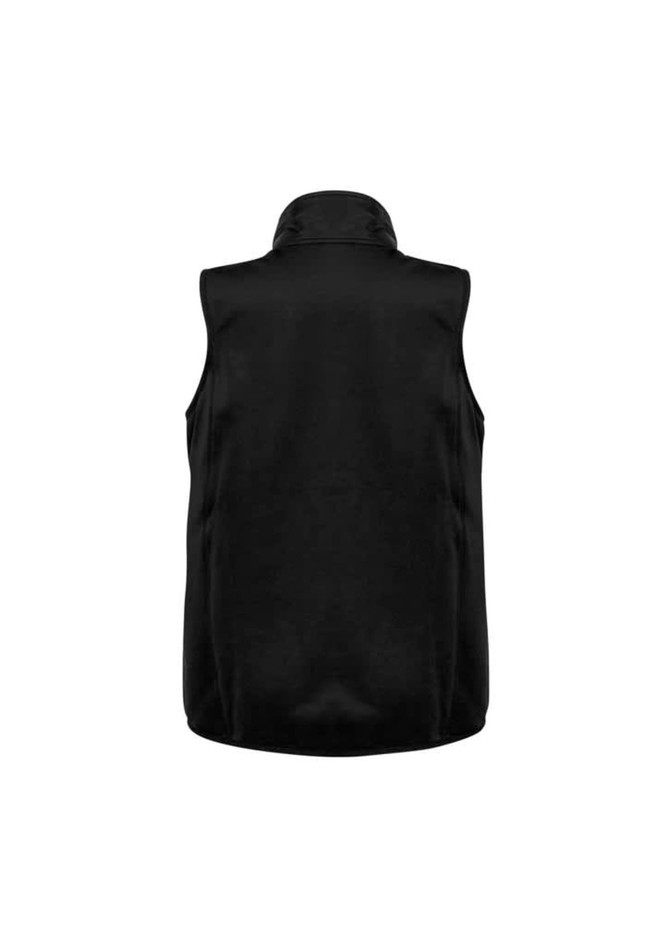 A black men's vest with a high collar and no sleeves, featuring a back view. It has a logo on the design.