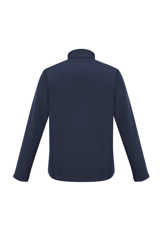 A men's soft shell jacket in navy blue, featuring long sleeves and a high collar. It has a logo on the back.