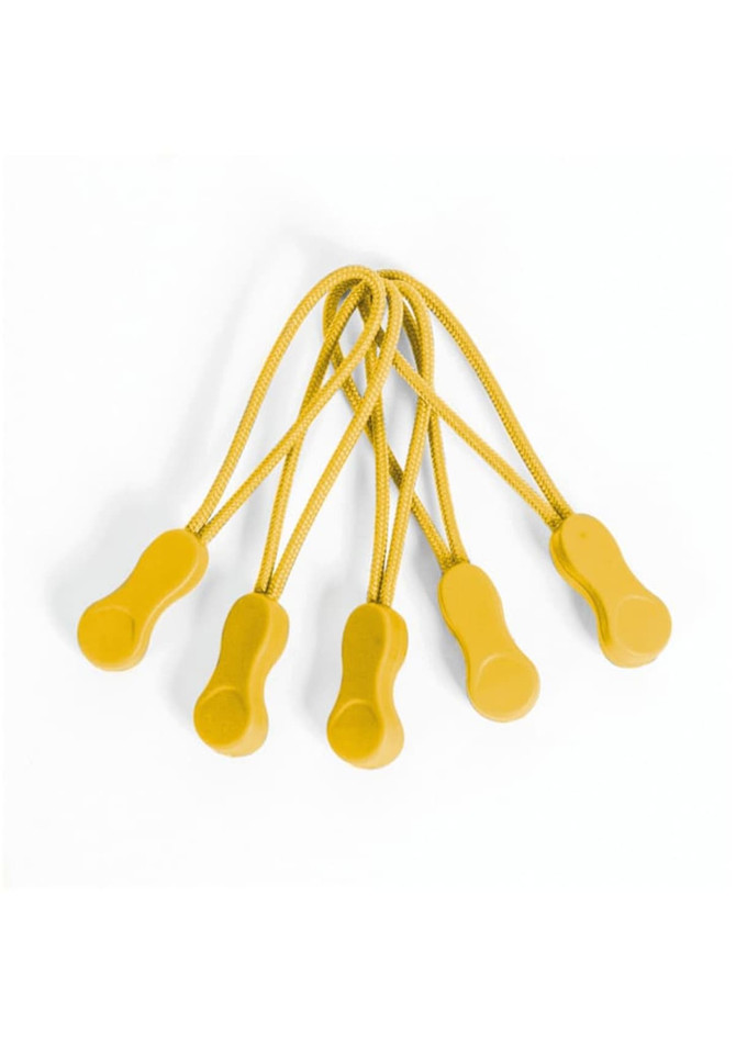 Five yellow Zippies with flexible cords, designed as clothing accessories, grouped together in a single image.
