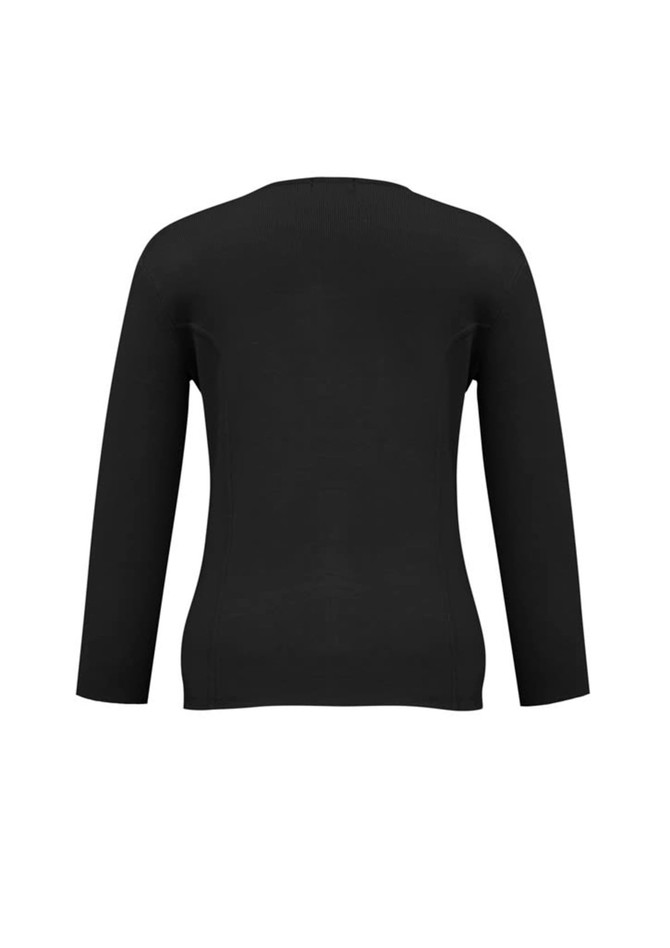 A women's black 2-way zip cardigan with long sleeves and a fitted design. The back view features a smooth, seamless finish.