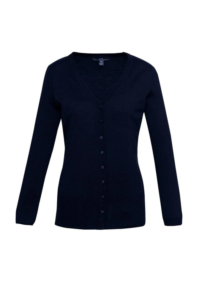 A women's Milano cardigan in black with a V-neck, long sleeves, and a button-down front. Features a logo on the label.