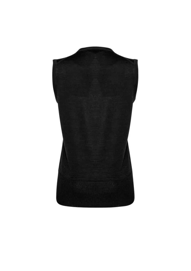 A black sleeveless vest with a textured finish, featuring a simple design and a logo.