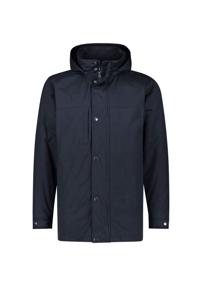 A men's Melbourne Comfort Jacket in dark navy with a hood and front buttons. The jacket has a logo on it.