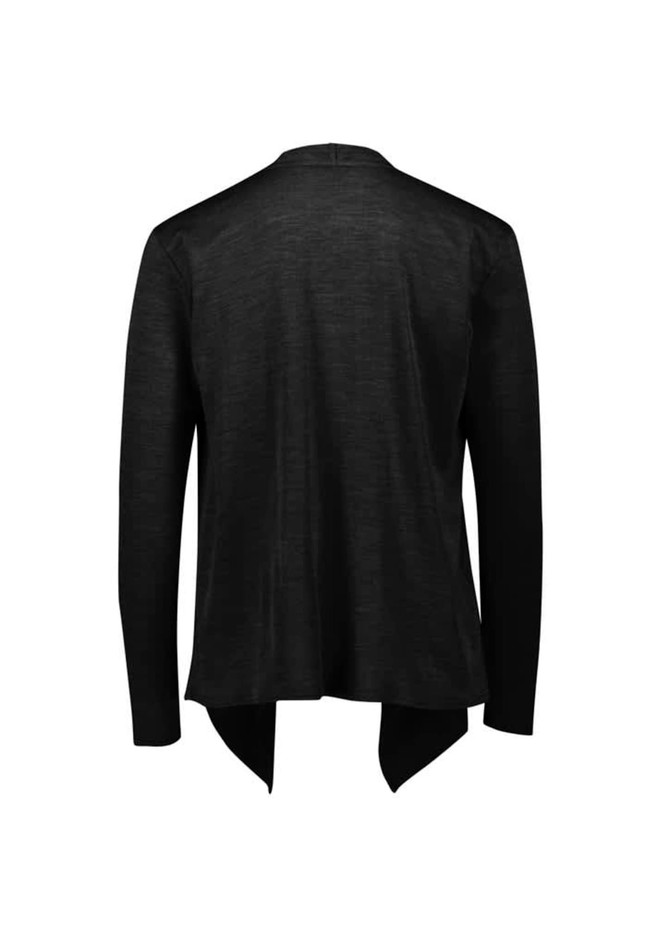 A black women's Sofia waterfall cardigan with a flowing back design and fitted long sleeves.