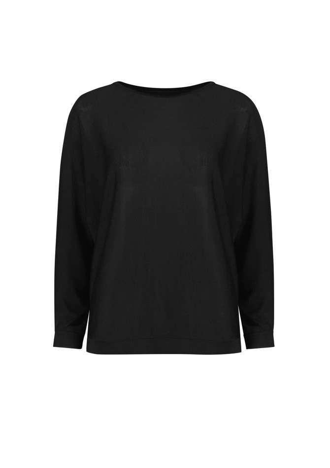 A black women's batwing sweater top with a relaxed fit and three-quarter sleeves. Features a logo.