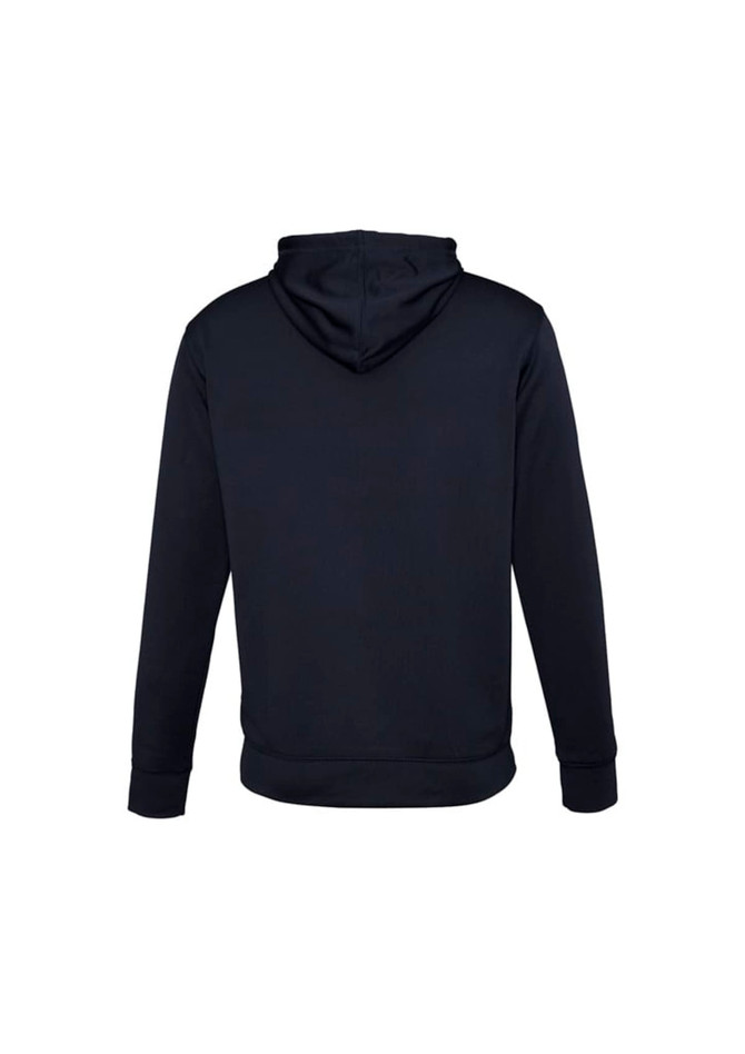 A black hoodie with a hood and long sleeves, featuring a logo on the back.