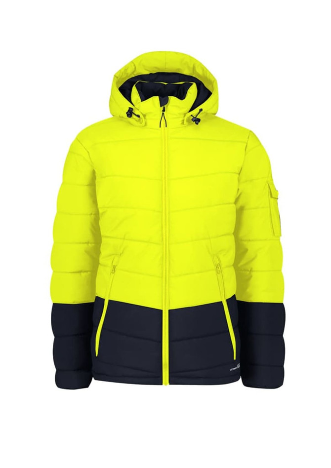 A bright yellow and navy unisex hooded puffer jacket with a zip front and pocket on the arm.