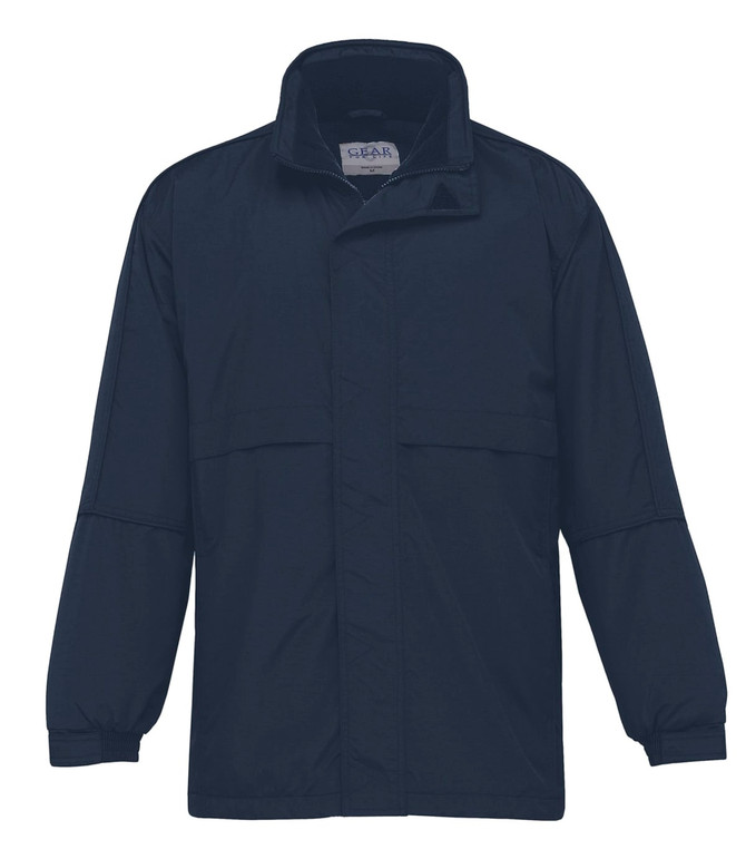 A navy blue rain jacket with a collar, long sleeves, and a logo on the front. Features two front pockets.