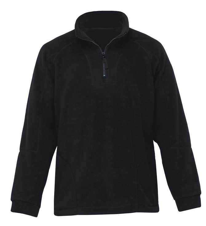 A black polar fleece pullover featuring a quarter zip and a stand-up collar. It has a logo on it.