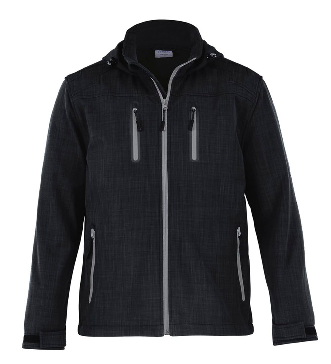 A black hybrid jacket features a zippered front, multiple pockets, and a hood. It has a textured fabric design.
