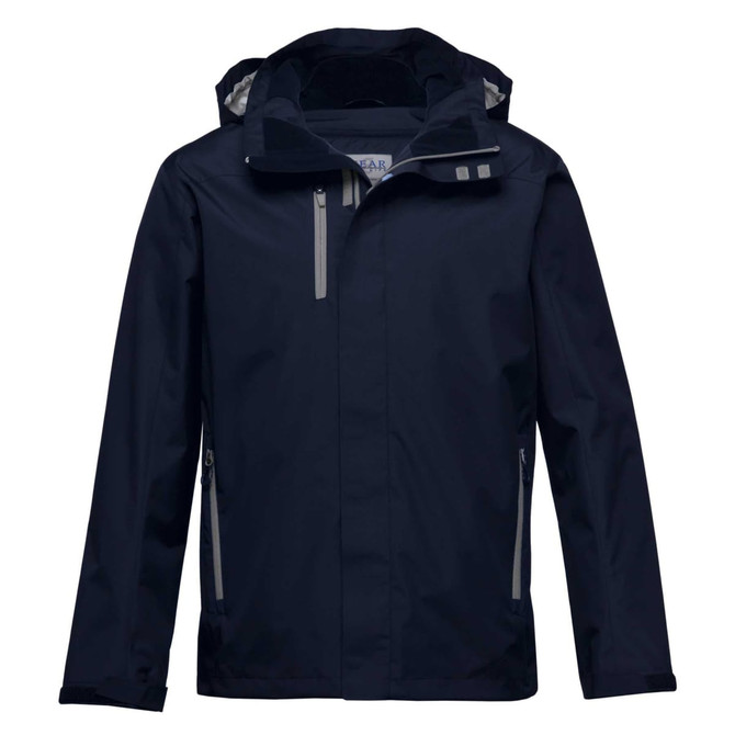 A navy soft shell jacket featuring a hood, front zippers, and reflective detailing, with branding on the inside.