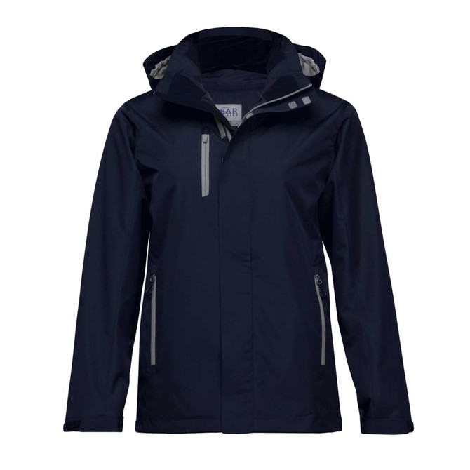 A navy soft shell jacket with a hood, featuring zippered pockets and reflective detailing. It has a logo on the chest.