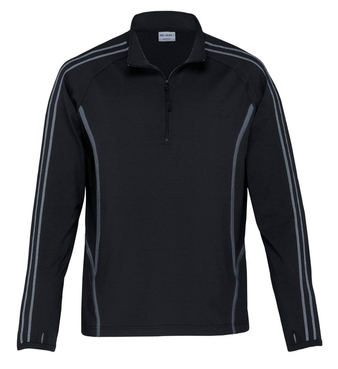 A black pullover jacket with a quarter zip and grey stripe details, featuring a logo on the chest.