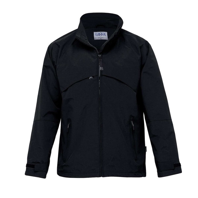 A black soft shell jacket with a zip front, featuring a high collar and two side pockets. It has a logo on it.