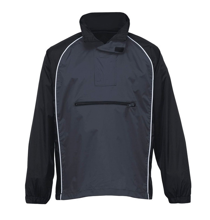 A black Nylon Jac Pac jacket featuring a half-zip front and elastic cuffs, with a small zippered pocket on the front.
