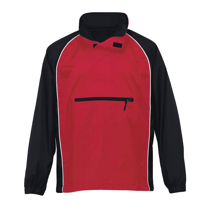A nylon jacket in red and black with a zippered front pocket and a high collar. It features contrasting piping and a logo.