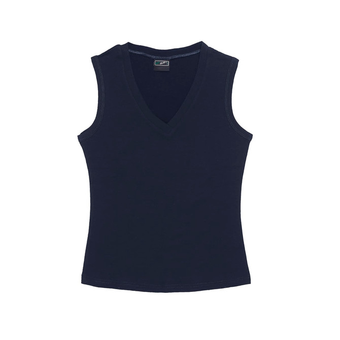 A women's Merino vest in navy blue with a V-neck and sleeveless design. It has a logo on the label.