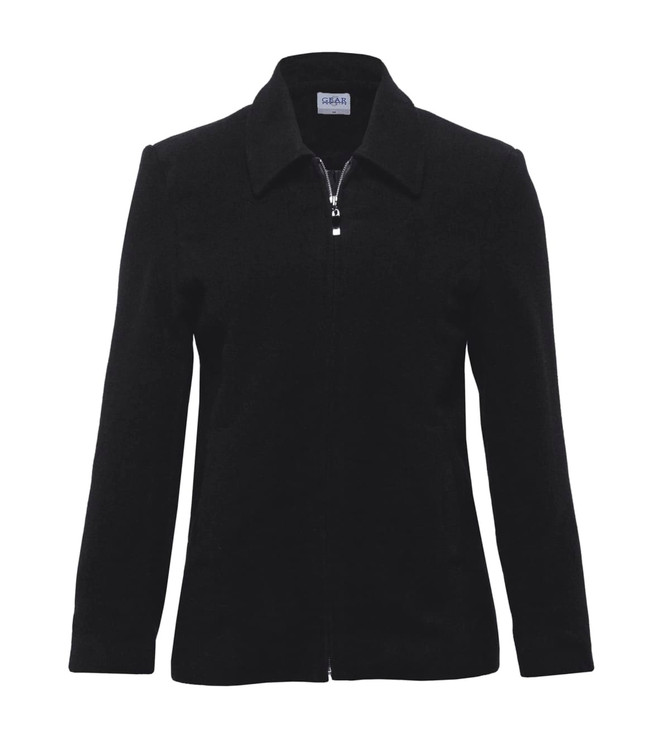 A black women's Melton wool jacket with a zip front and collar. It features long sleeves and a classic design.