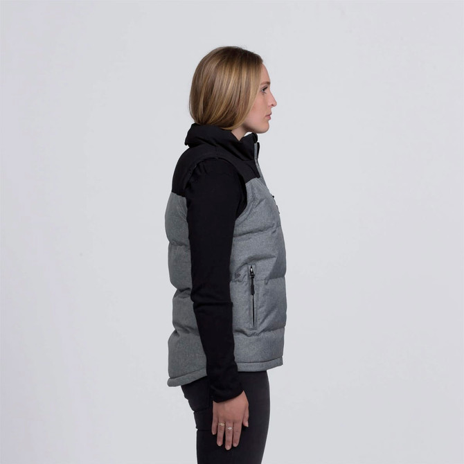 A side view of a grey and black smpli Axle Puffa Vest with a zippered pocket and a logo.