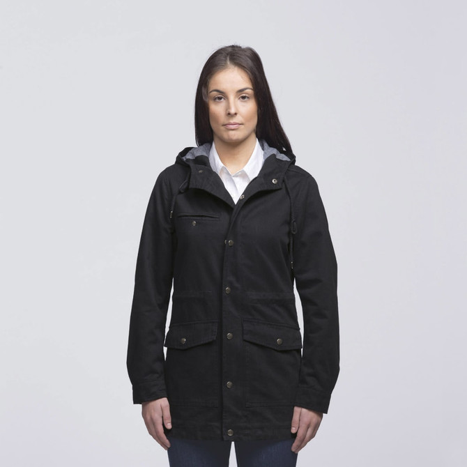 A black twill jacket with a hood, featuring pockets and a grey lining, worn by a model.