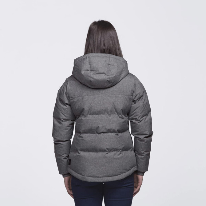 A grey puffer jacket with a hood, featuring a fitted design and visible branding, seen from the back.