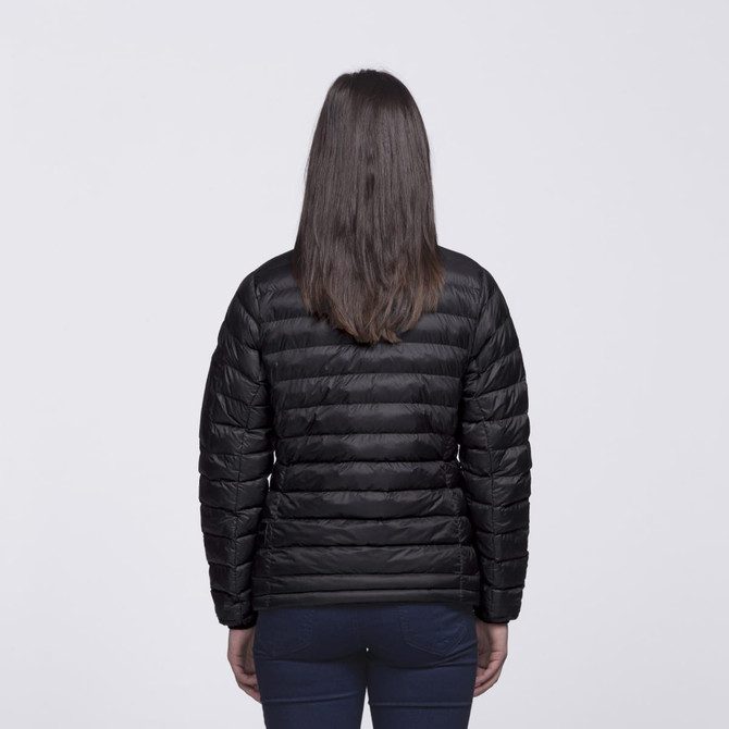 A black puffer jacket with a quilted design, viewed from the back. The jacket includes a logo on the back.