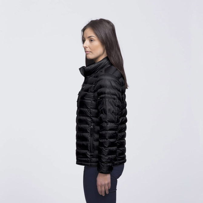 A black puffer jacket with a zippered front and a stand-up collar, featuring a logo. Side profile view of the jacket.
