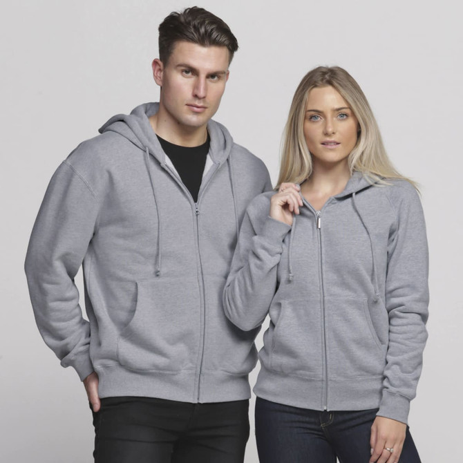 A grey vintage hoodie featuring a zip front, worn by a male and female model, each with pockets and hoods.