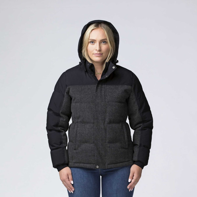A black and grey rain jacket with a hood, featuring a padded design and front pockets. It has a logo on the jacket.