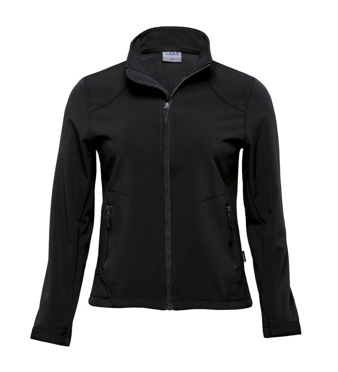 A black soft shell jacket with a zip front and two side pockets. It features a collar and has a logo.