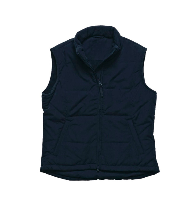A black women's vest featuring a zip front and a high collar, with a logo on the fabric.