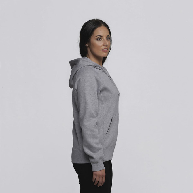 A grey women's vintage hoodie with a front pocket and a hood, displayed on a model from the side.