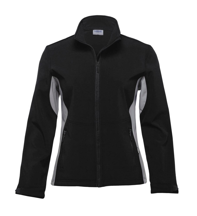 A women's soft shell jacket in black with grey side panels, featuring a full front zipper and two pockets.
