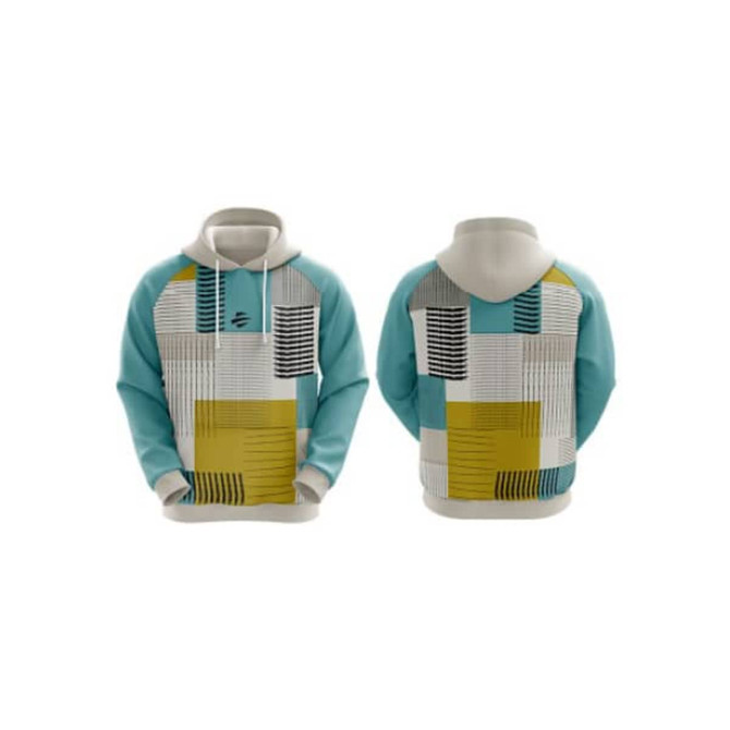 A pullover hoodie in teal and cream featuring a geometric pattern with yellow and black accents. The design has a logo.