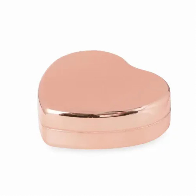 A heart-shaped lip balm container in a shiny rose gold finish, featuring a smooth surface and a secure closure.