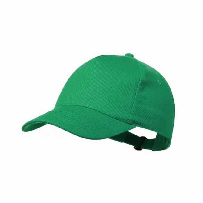 A green baseball cap featuring a simple design and an adjustable strap at the back.
